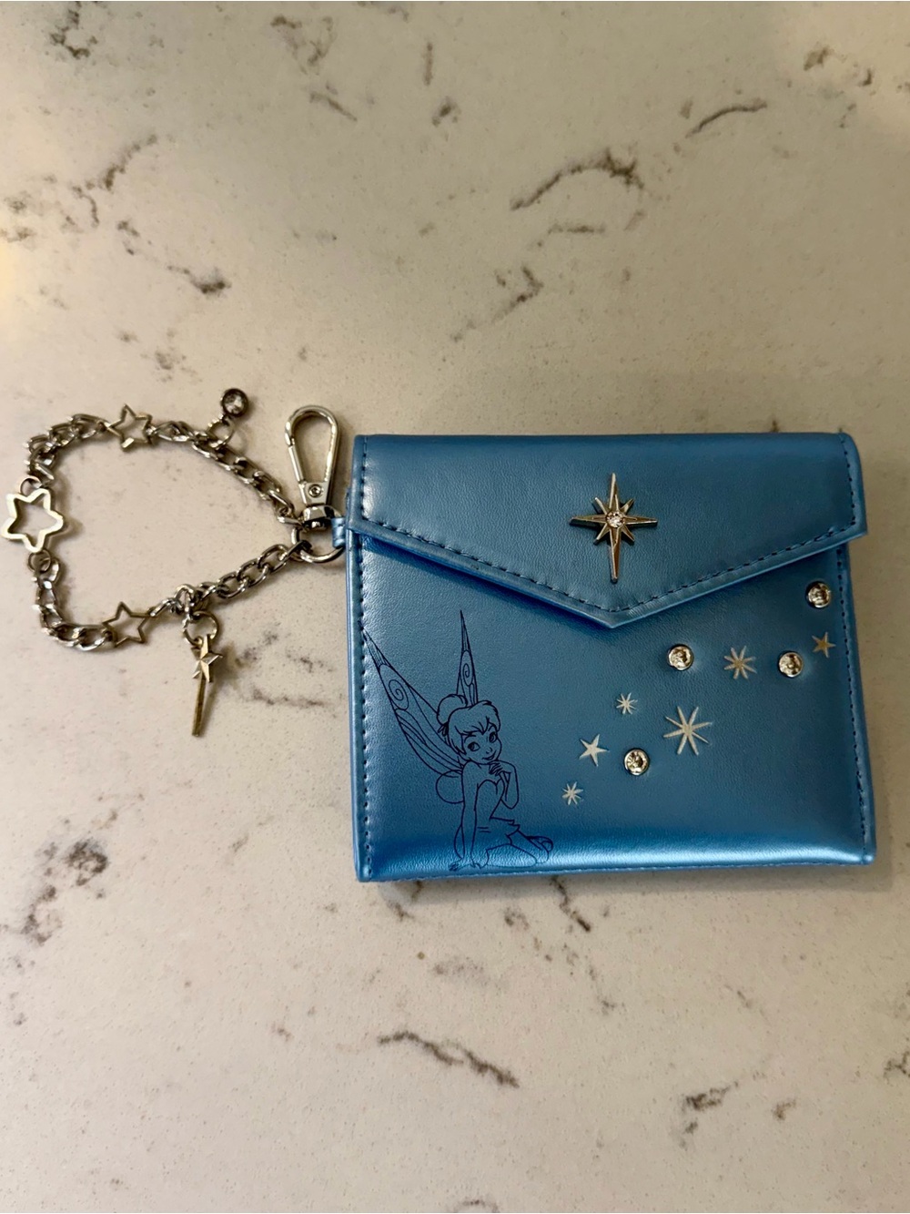 Disney Tinker Bell BoxLunch Blue Metallic Chain Wallet Star Rhinestone Purse
